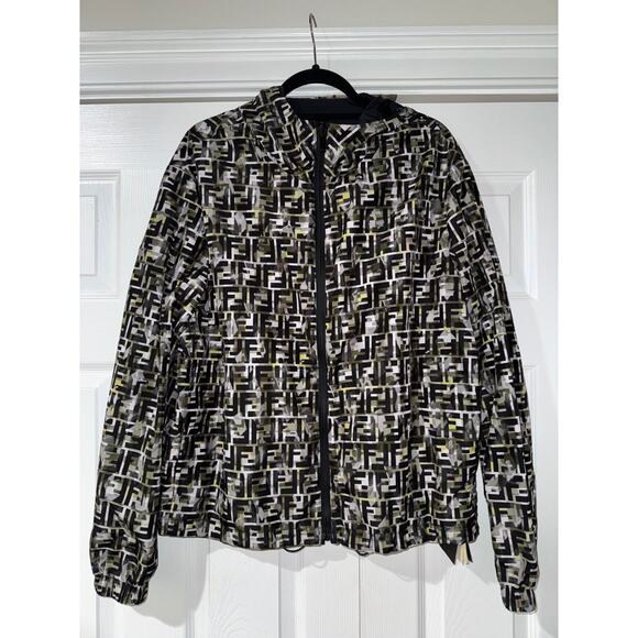 Fendi Green Black Camo Monogram FF Logo Anorak Reversible Windbreaker Jacket 48 - Picture 2 of 13